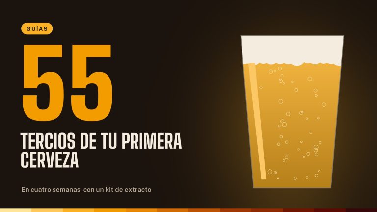 Vaso de cerveza dorada junto al dato 55 tercios de tu primera cerveza, en cuatro semanas con un kit de extracto